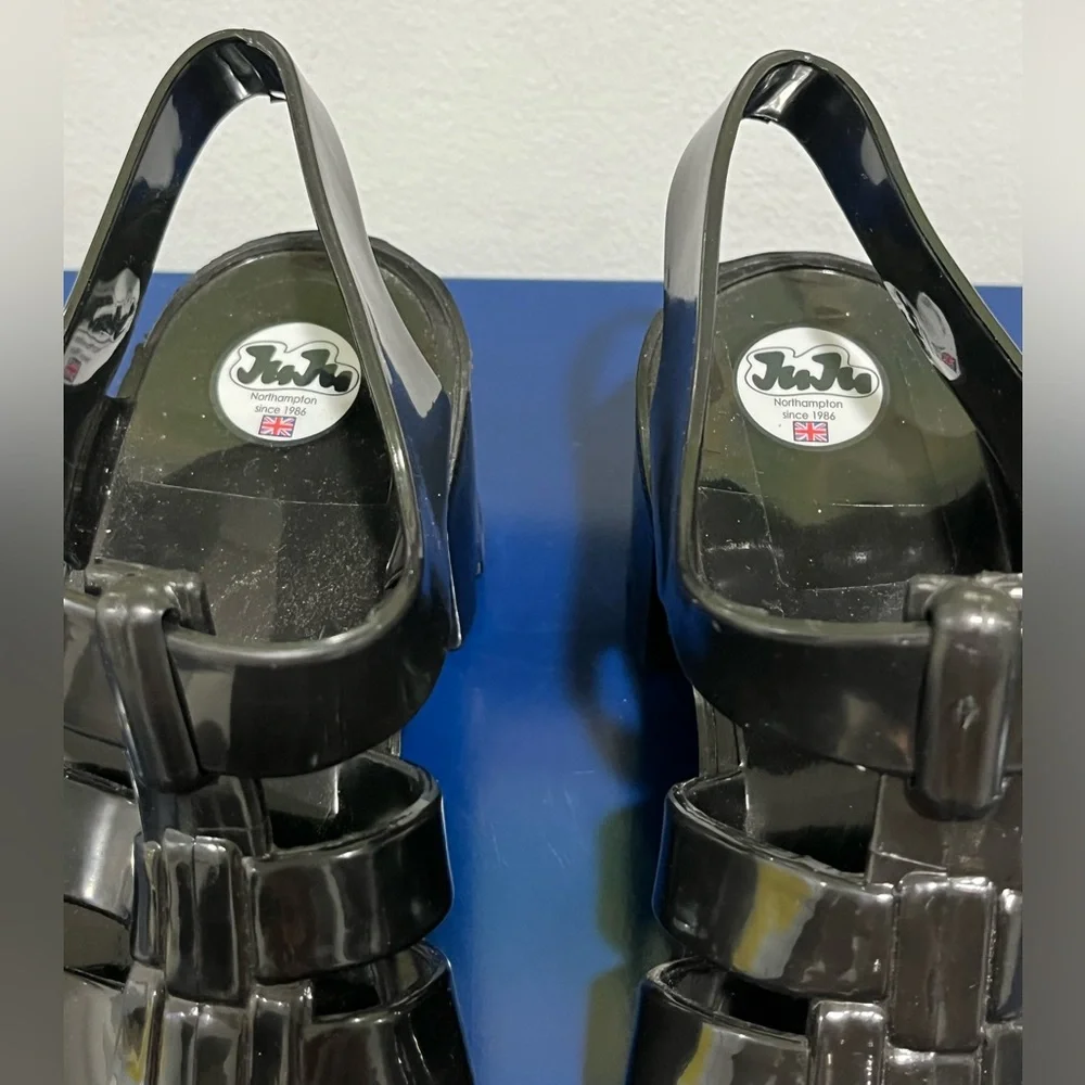 Juju Black Jelly Babe Sandals Sz 8 UK 6 Heels Woven Plastic Buckle Womens Shoes